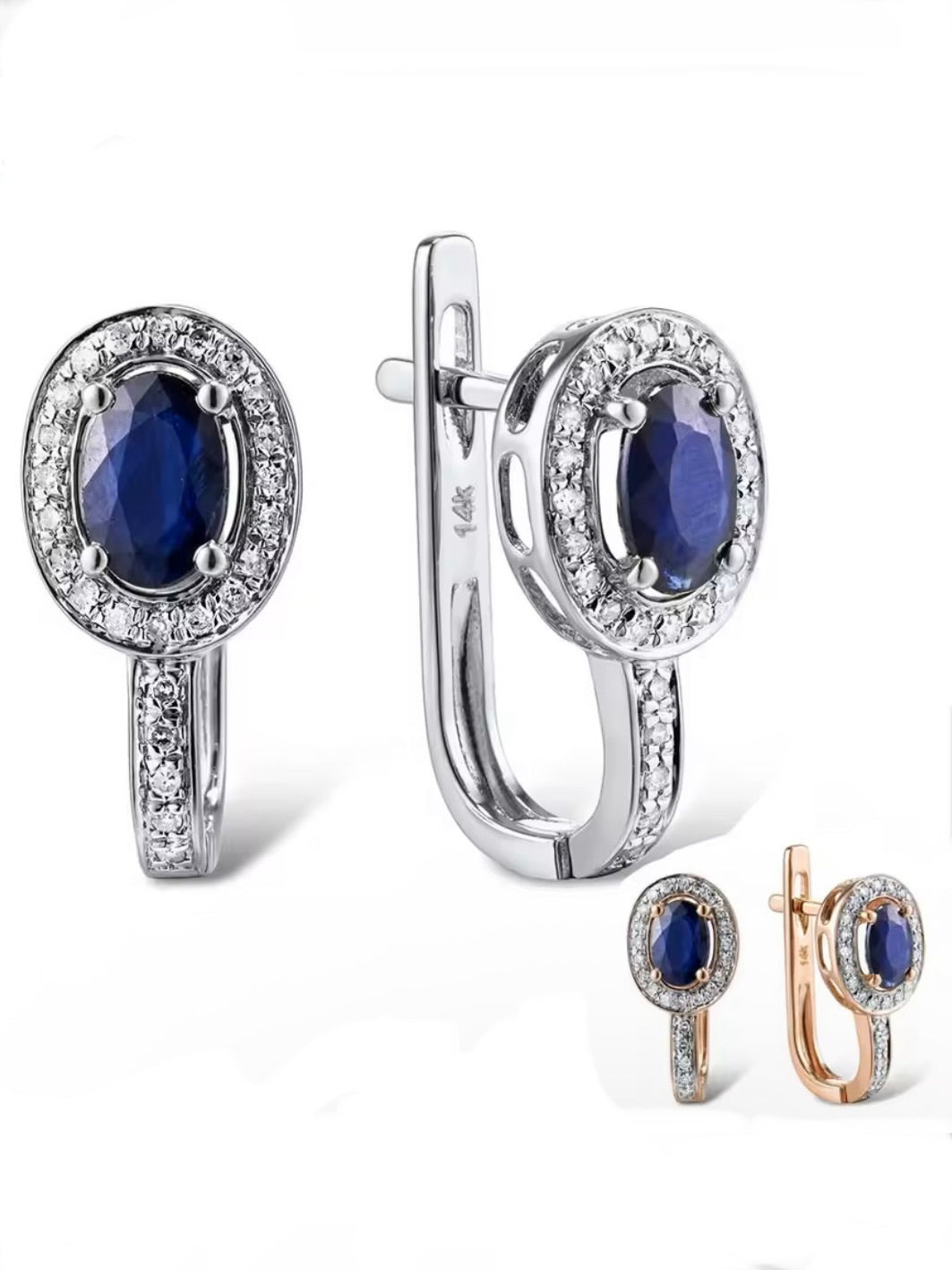 White gold / Rose gold 14k sparkling diamonds and blue oval sapphire earrings