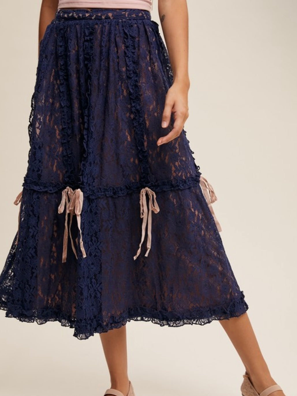 Ribbons Navy blue lace fabric wide midi skirt