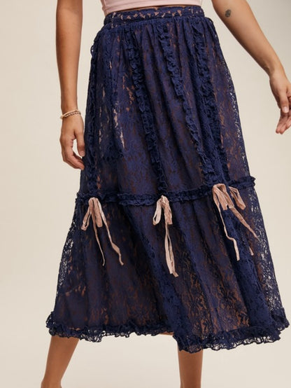 Ribbons Navy blue lace fabric wide midi skirt