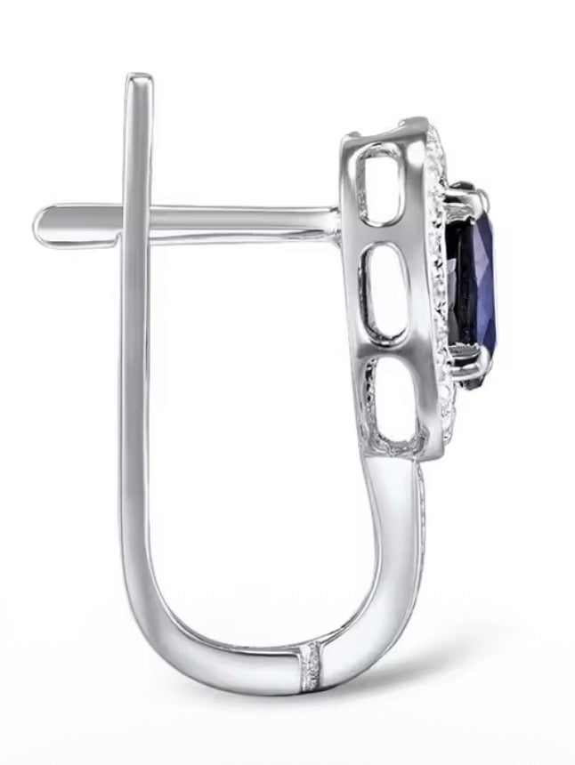 White gold / Rose gold 14k sparkling diamonds and blue oval sapphire earrings