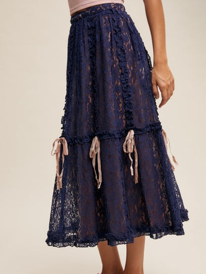 Ribbons Navy blue lace fabric wide midi skirt