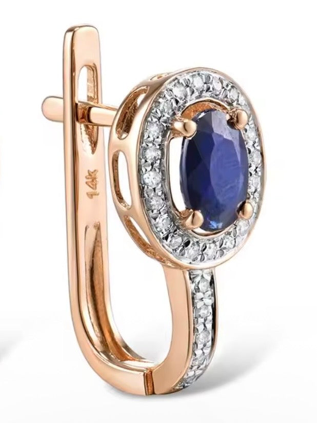 White gold / Rose gold 14k sparkling diamonds and blue oval sapphire earrings