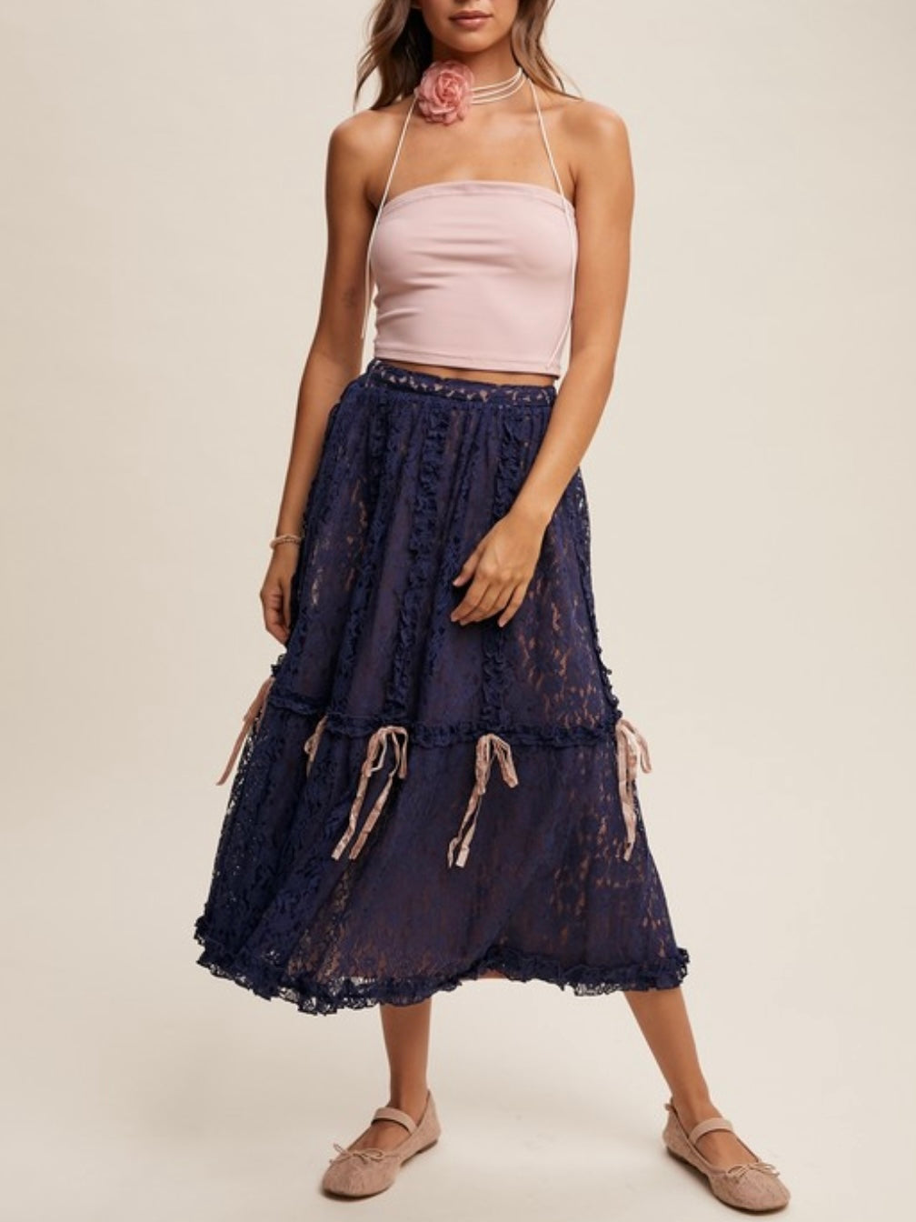 Ribbons Navy blue lace fabric wide midi skirt