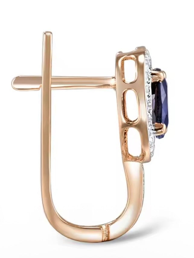 White gold / Rose gold 14k sparkling diamonds and blue oval sapphire earrings