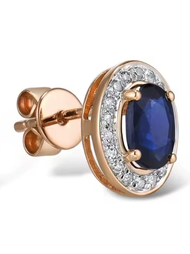 White gold / Rose gold 14k sparkling diamonds and blue oval sapphire stud earrings