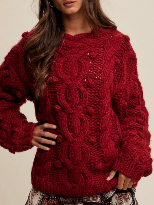 Burgundy balls 3D texture knitted sweater