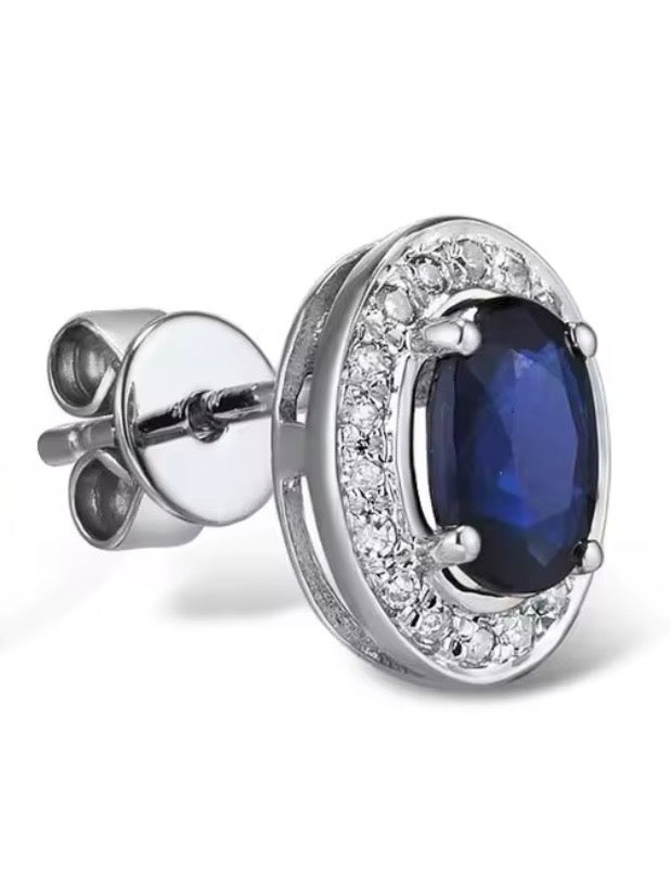 White gold / Rose gold 14k sparkling diamonds and blue oval sapphire stud earrings