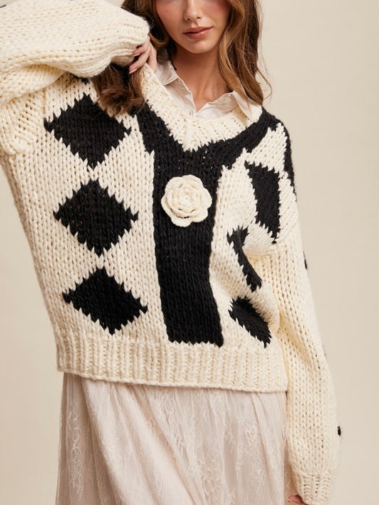 Off white and black Flower 3D texture knitted sweater