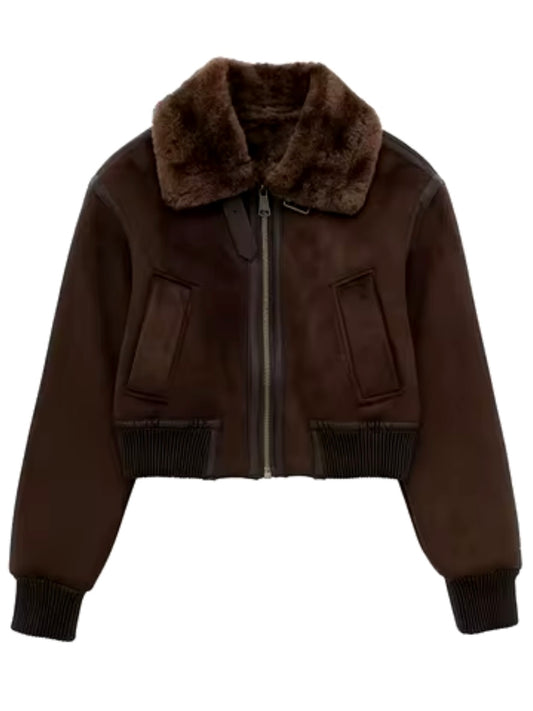 Brown faux shearl zipper jacket