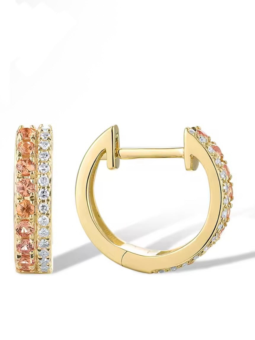 Two tones gold 14k sparkling ruby sapphire / diamonds hoop earrings