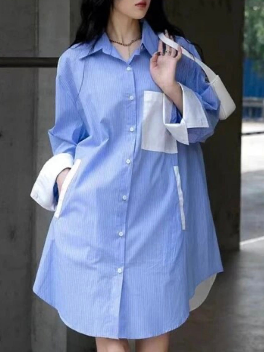 Oversized blue two tones patched pocket long sleeve mini dress