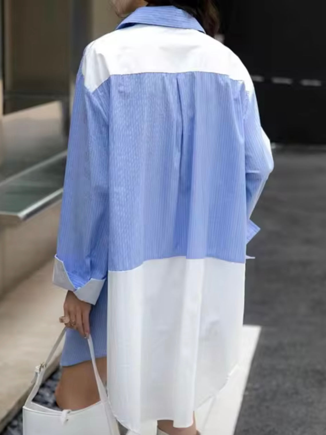 Oversized blue two tones patched pocket long sleeve mini dress