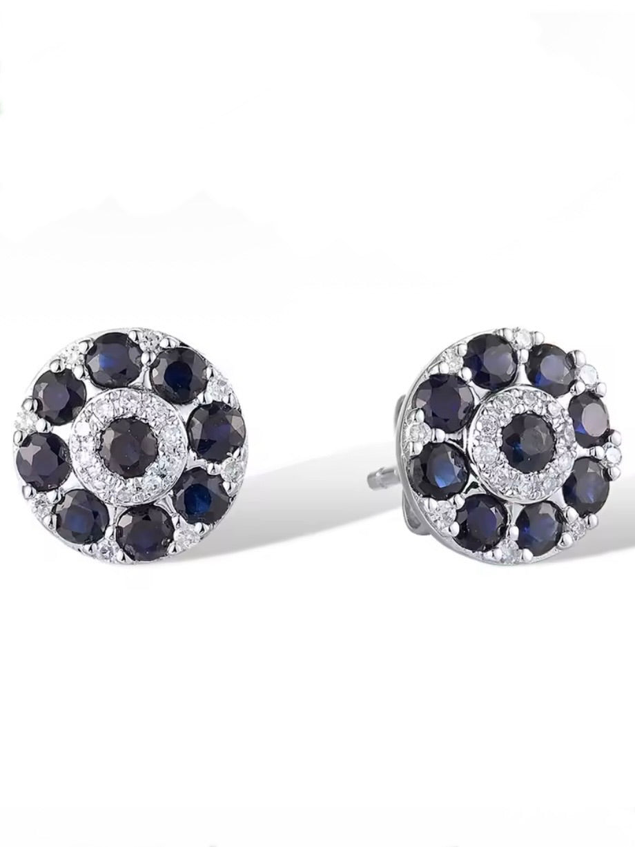 White gold 14k sparkling diamonds and blue sapphire stud earrings