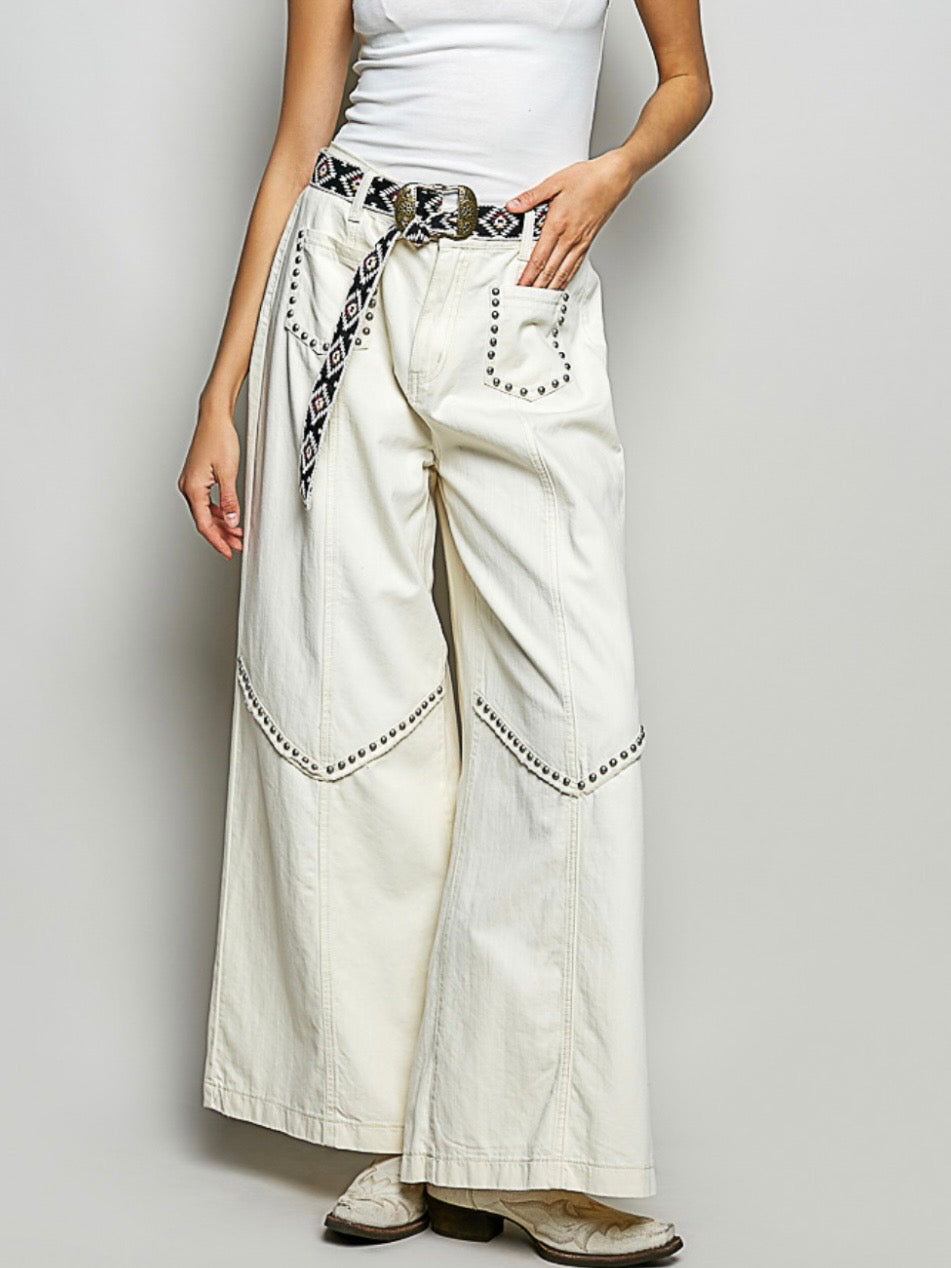 Beige natural studded wide leg jeans pants