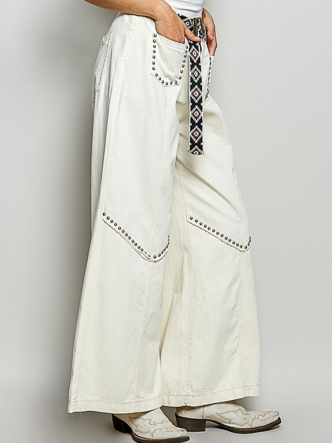 Beige natural studded wide leg jeans pants