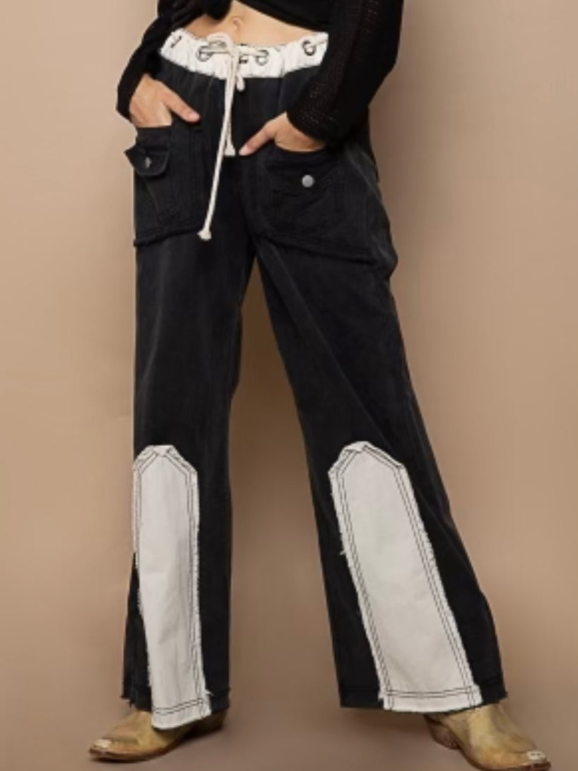 Black and ivory patches cargo joggers