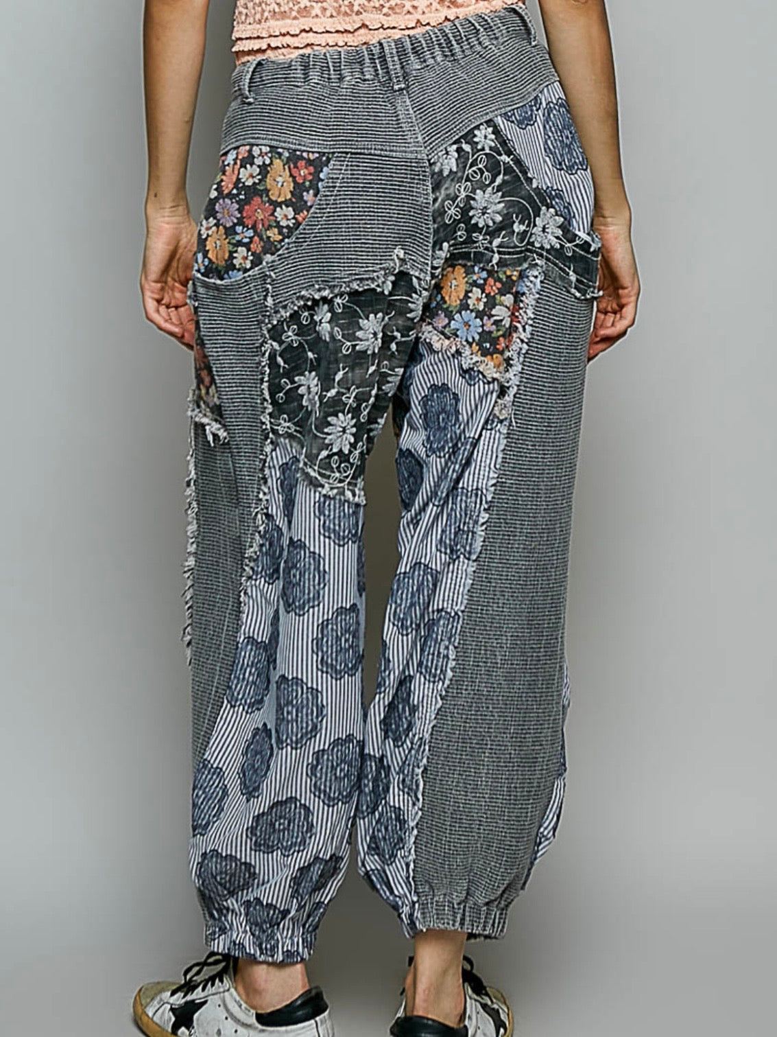 Grey striped florals print patched joggers pants