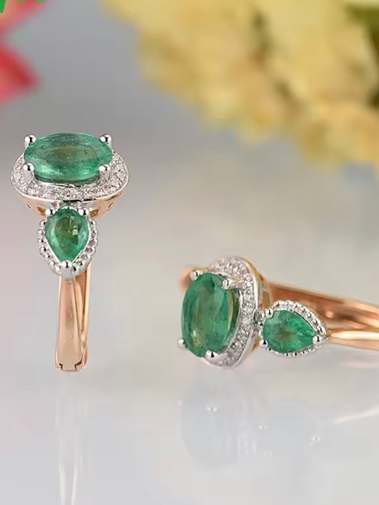 Rose Gold sparkling diamonds and green emeralds loop earrings