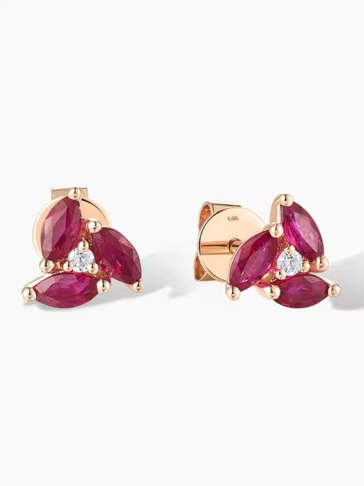 Rose gold ruby flower 14k sparkling diamonds stud earrings