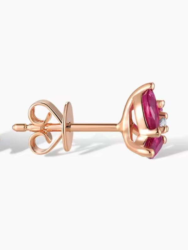 Rose gold ruby flower 14k sparkling diamonds stud earrings