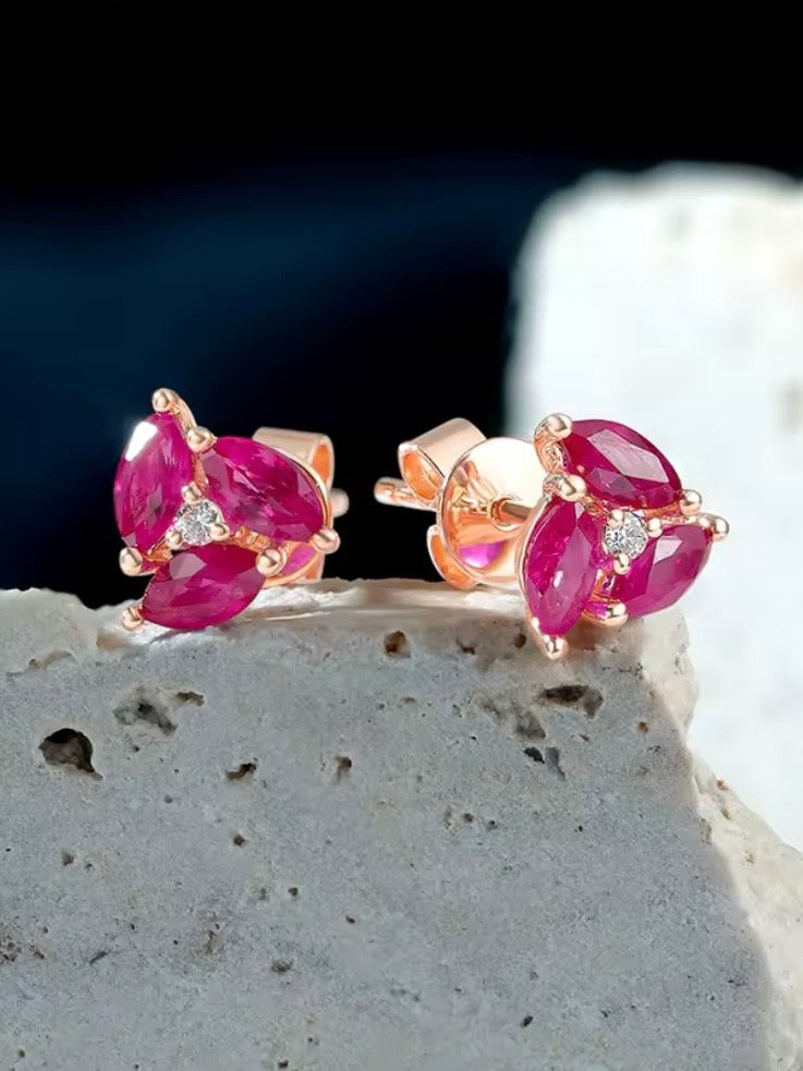 Rose gold ruby flower 14k sparkling diamonds stud earrings