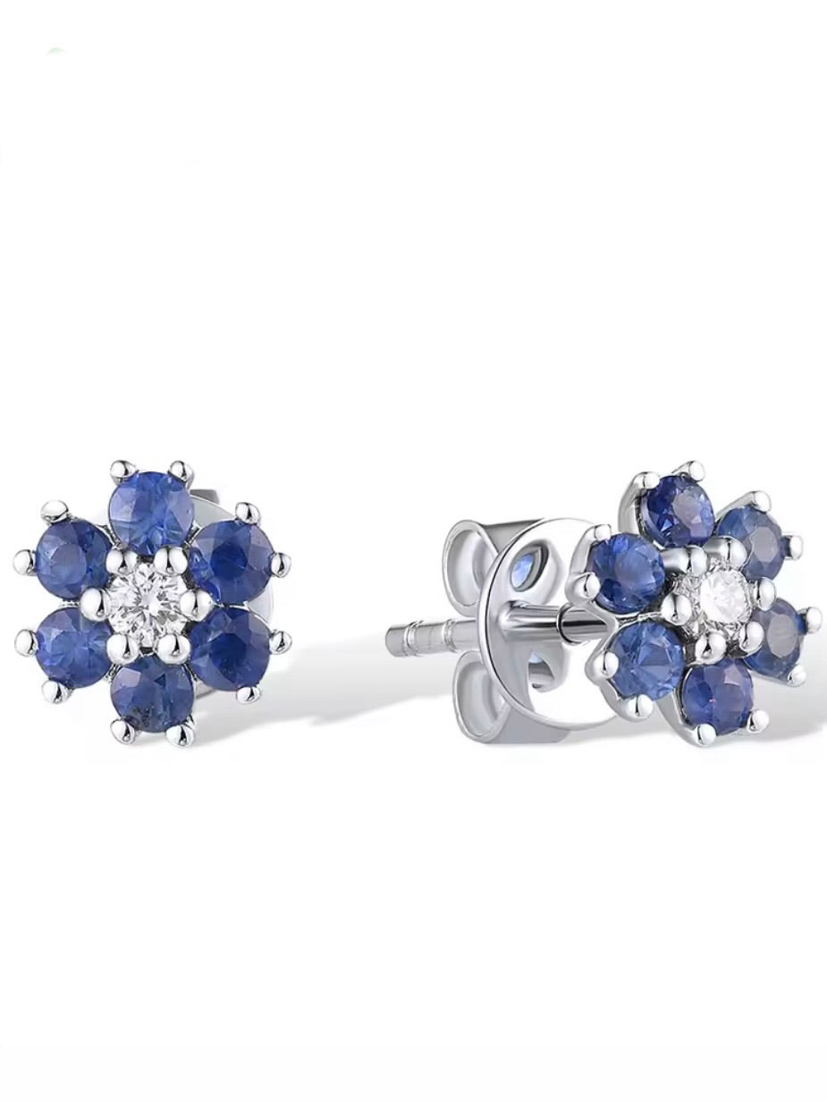 Yellow/white gold flowers 14k ruby/sapphire/emeralds with sparkling diamonds stud earrings