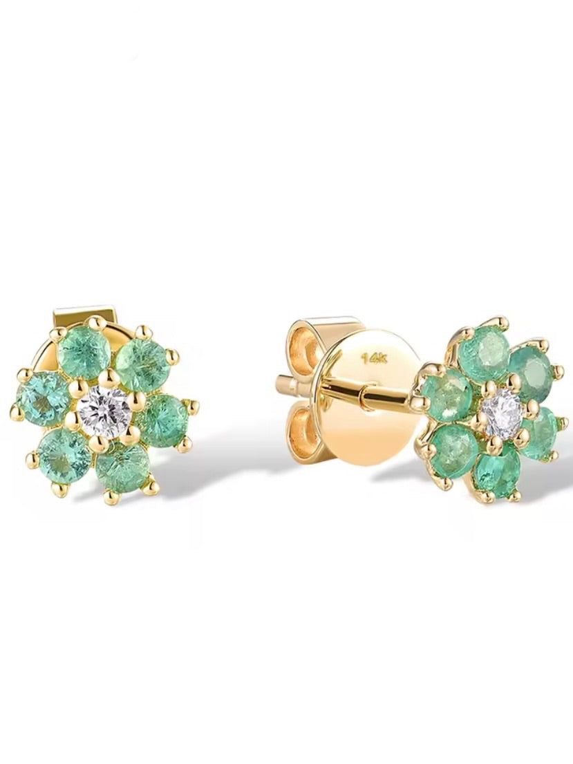 Yellow/white gold flowers 14k ruby/sapphire/emeralds with sparkling diamonds stud earrings