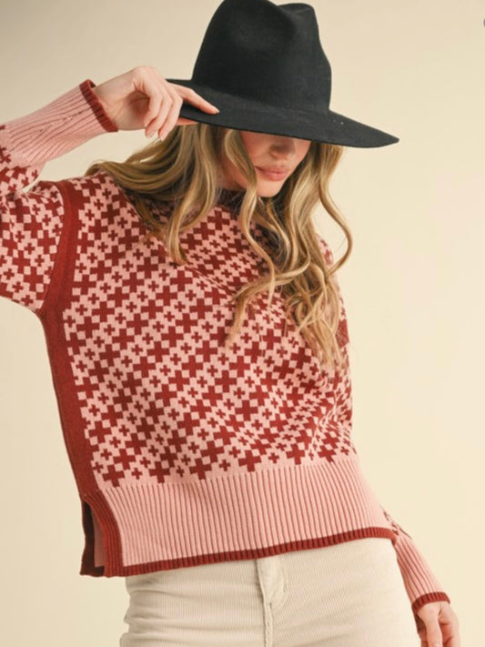 Cross pattern knitted two tones sweater