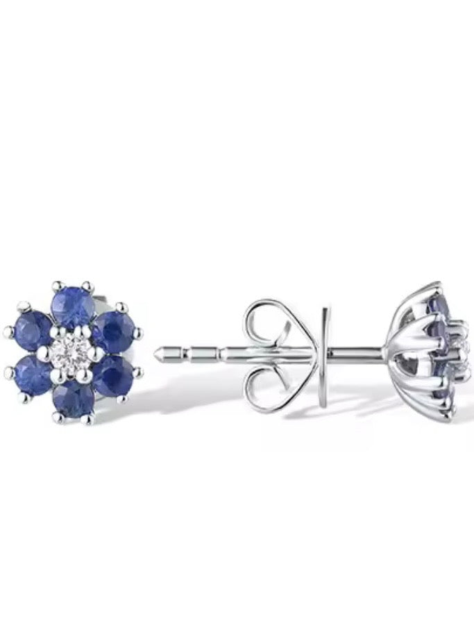 Yellow/white gold flowers 14k ruby/sapphire/emeralds with sparkling diamonds stud earrings