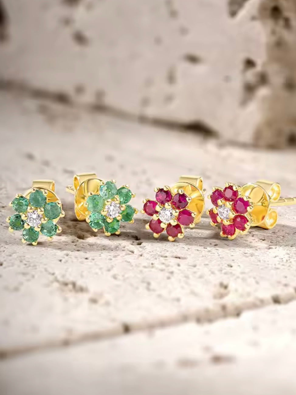 Yellow/white gold flowers 14k ruby/sapphire/emeralds with sparkling diamonds stud earrings