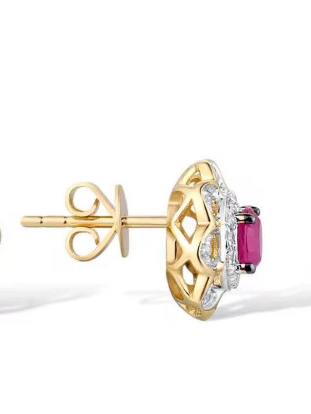 Yellow gold flowers 14k ruby with sparkling diamonds stud earrings