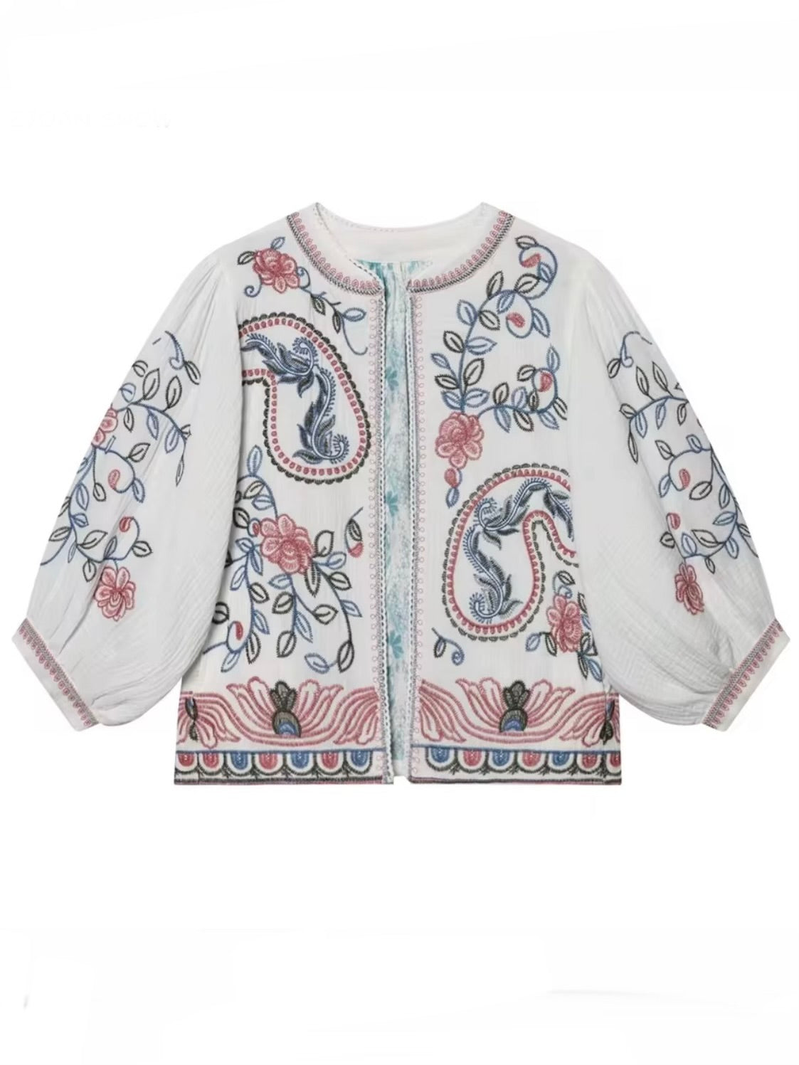 White embroidered red and blue details short sleeves crop top