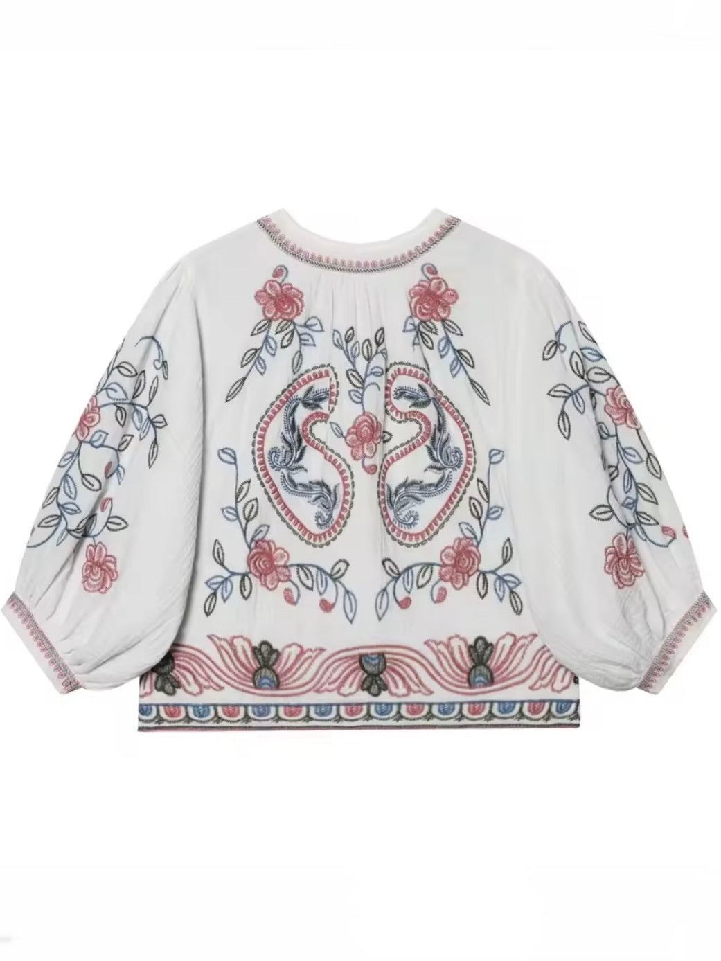 White embroidered red and blue details short sleeves crop top