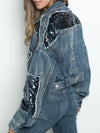 Blue jeans sequins patches bubble sleeves jeans jacket