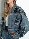 Blue jeans sequins patches bubble sleeves jeans jacket