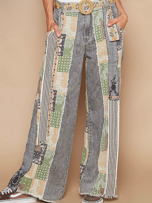 Mix printed fabrics and washed wide jeans pants