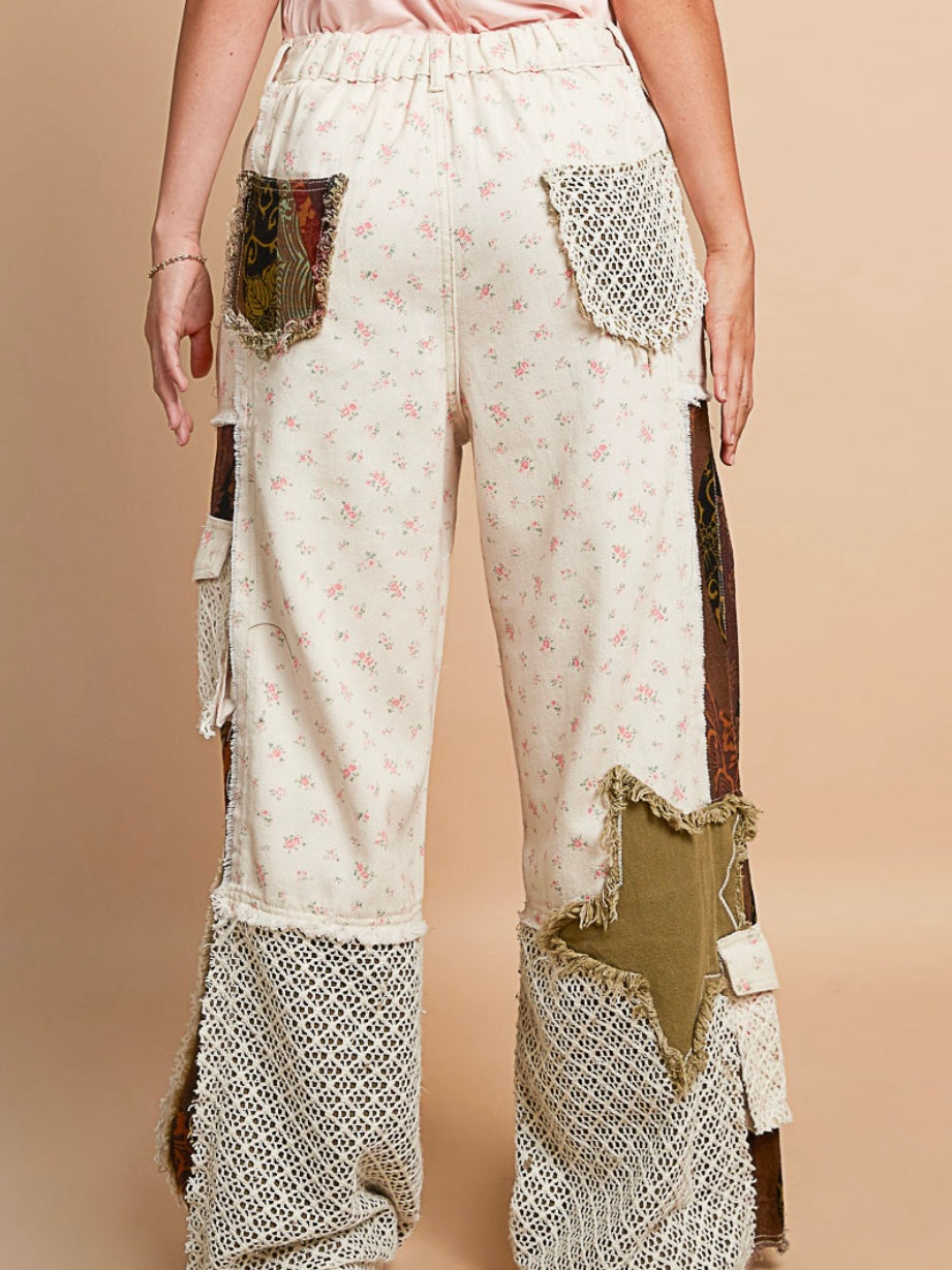 Mix printed fabrics patched wide cargo pants