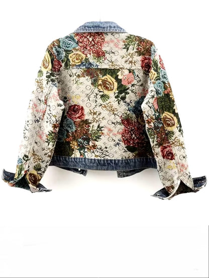 Mid blue mix fabrics floral jeans jacket