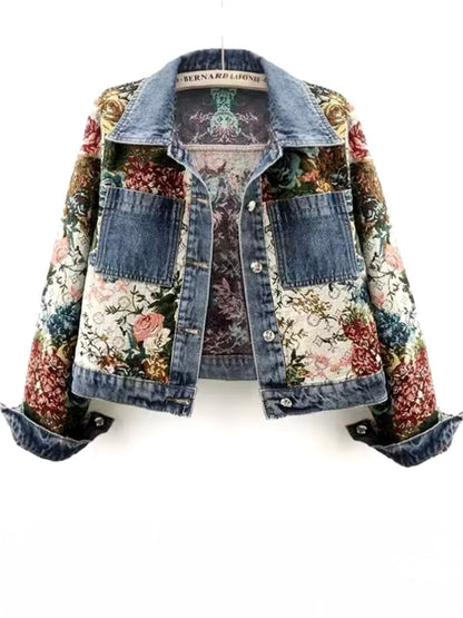 Mid blue mix fabrics floral jeans jacket