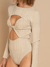 Beige cutout long sleeves bodysuit