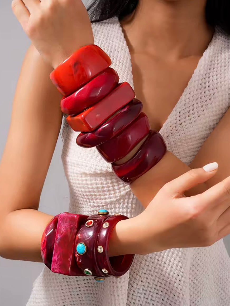 Red mixed designs resin studded brown wide bracelet