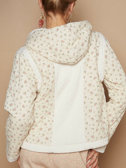 Beige romantic little floral pattern hooded jacket