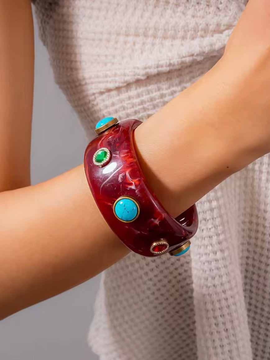 Red mixed designs resin studded brown wide bracelet