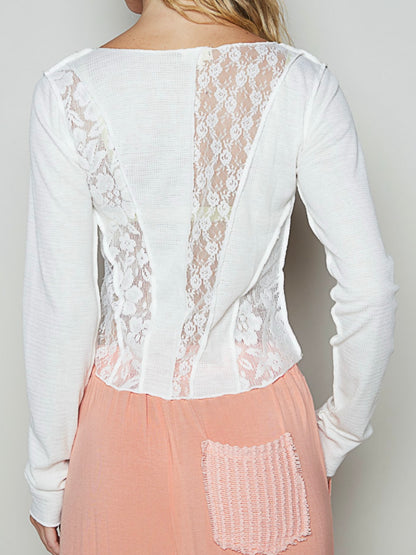 White mix fabric lace long sleeves top