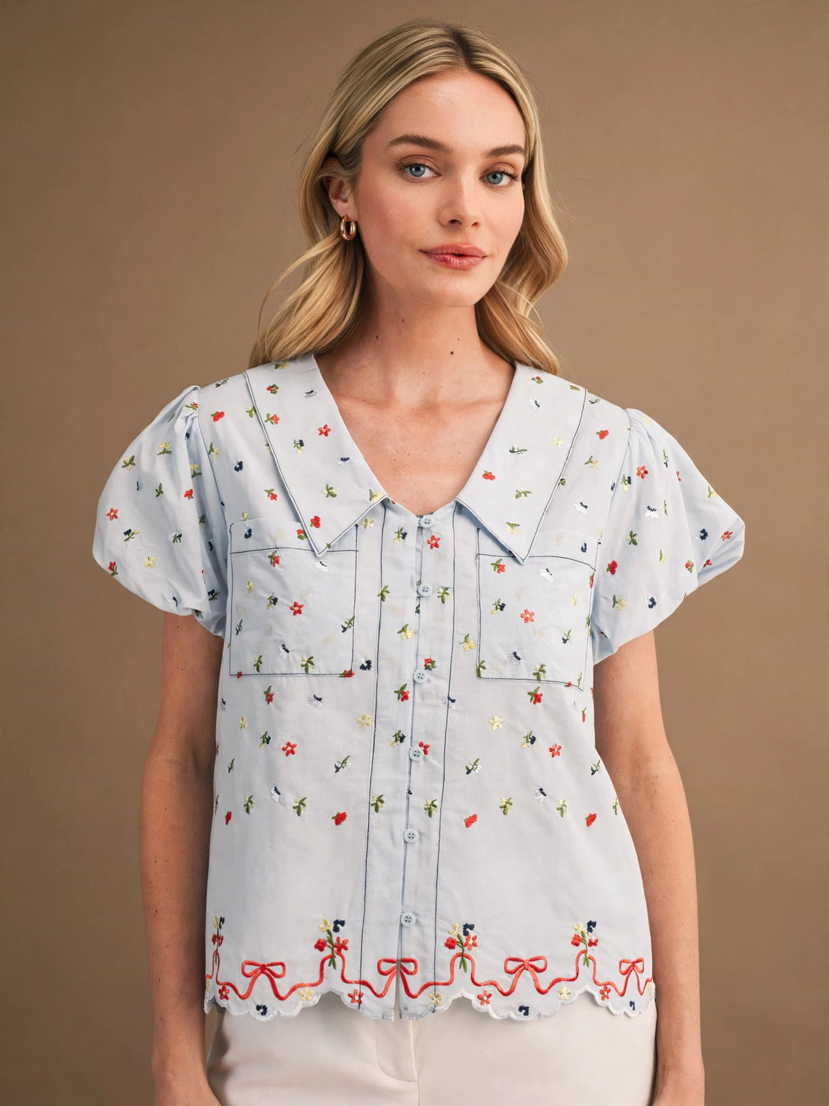 Baby blue floral embroidered short bubble sleeves shirt top