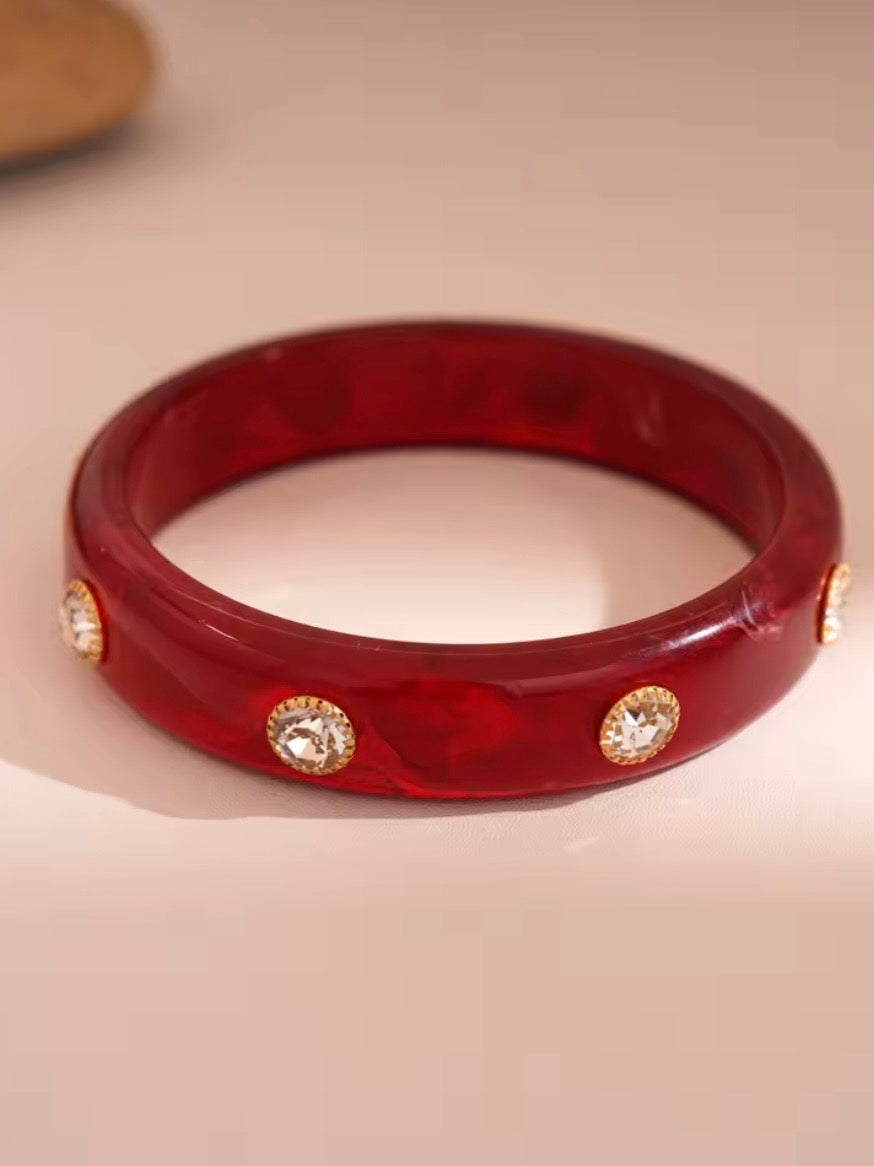 Red mixed designs resin studded brown wide bracelet