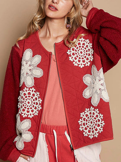 Red thin quilted bomber jacket