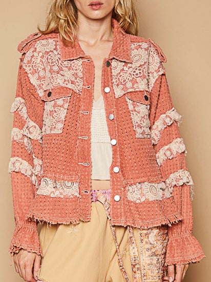 Salmon waffle fabric flowers crochet lace raw hem jacket