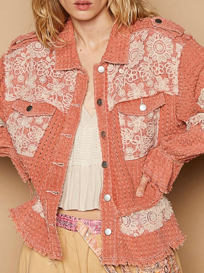 Salmon waffle fabric flowers crochet lace raw hem jacket