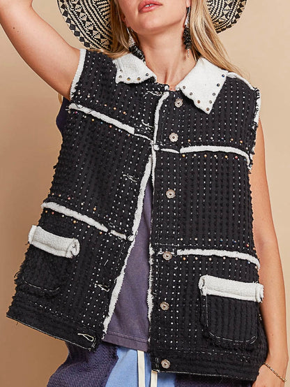 Black with white details frayed hemline vest